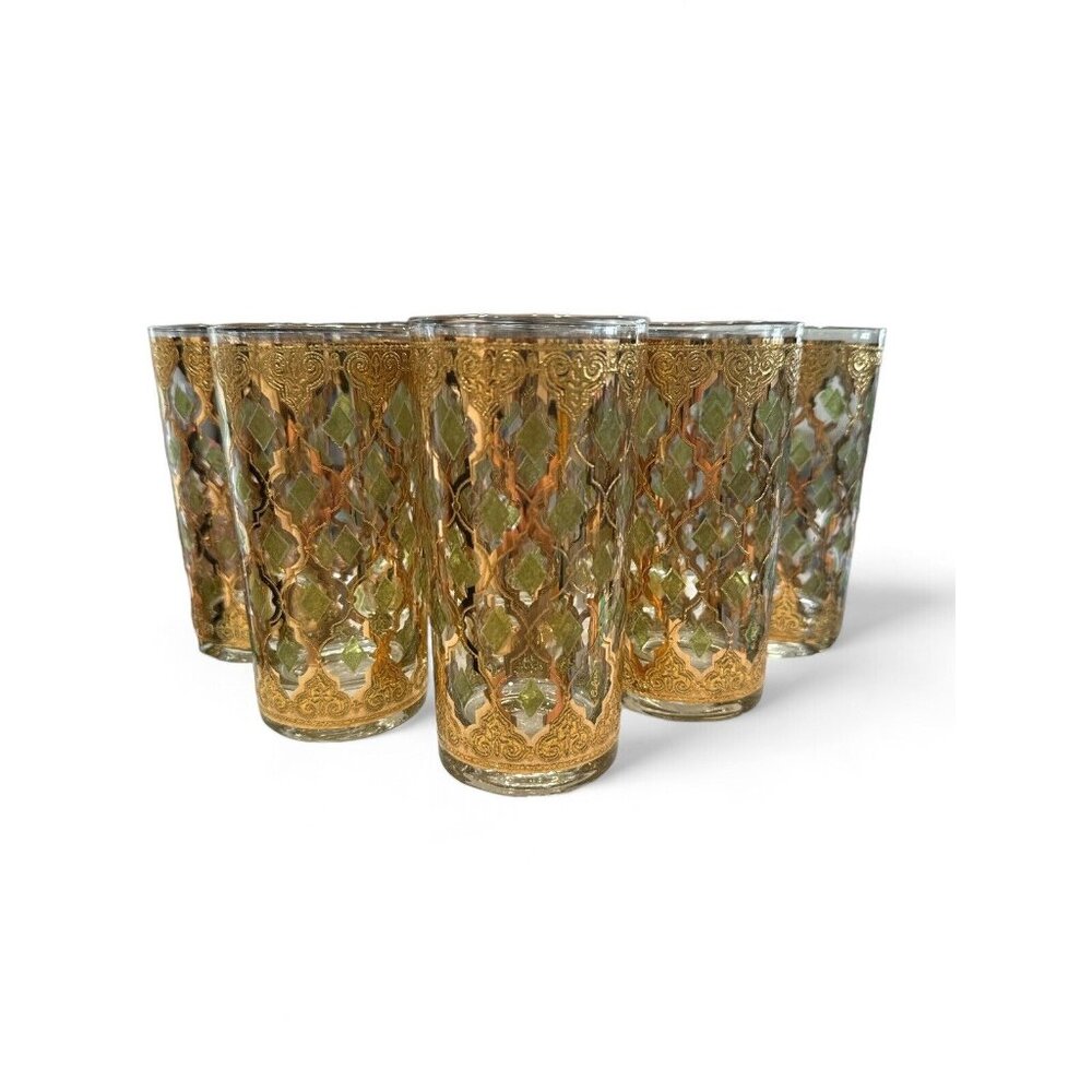8 vintage MCM signed CULVER VALENCIA Green 22k Gold Highball GLASSES TUMBLERS